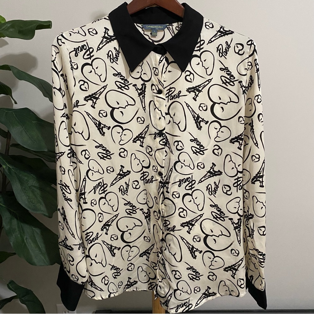 Catherine Malandrino Black and White Graphic Paris Button-Up Shirt